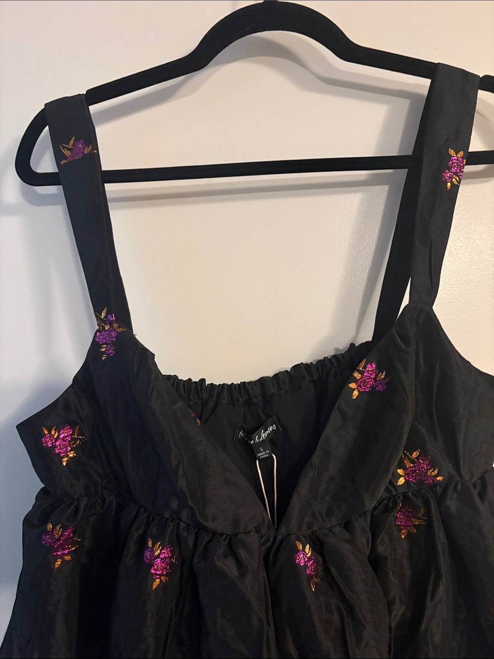 For Love And Lemons Black Mini Bubble Dress with Pink & Gold Embroidered Flowers - Picture 5 of 7